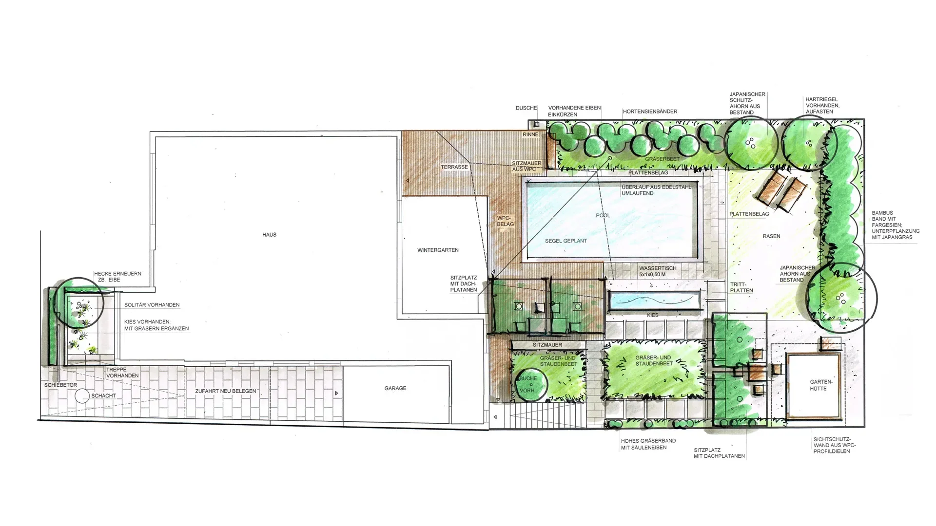Gartenplan in Draufsicht mit Terrasse, Rasen und Pflanzflächen