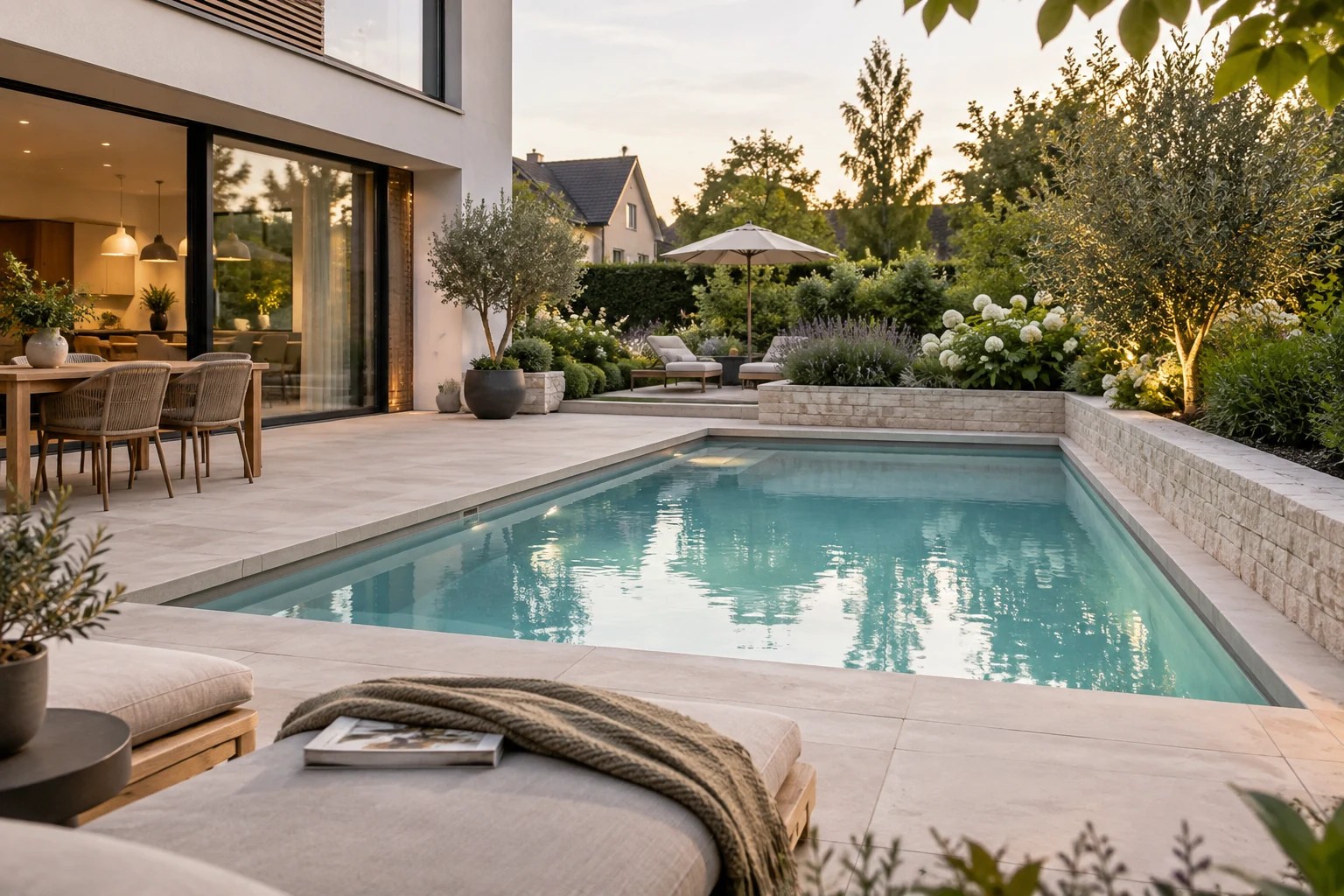 Rechteckiger Pool an einer Natursteinterrasse mit Lounge und Stauden – KI-generierte Gestaltungsidee