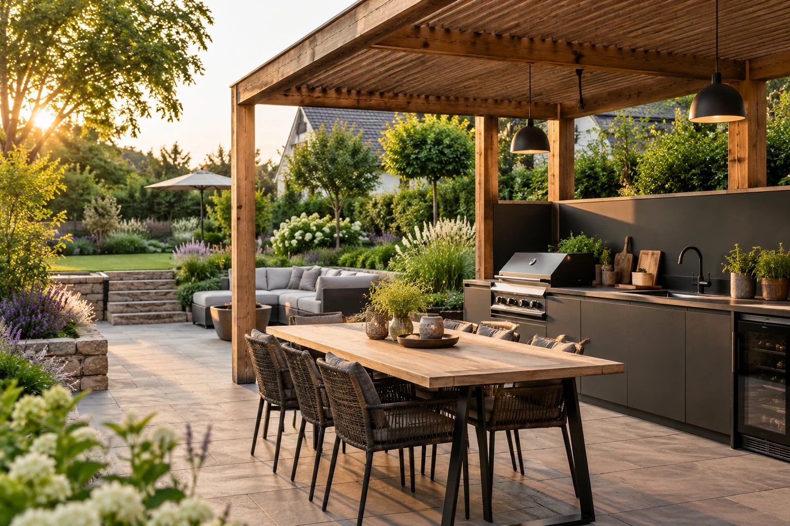 Integrierte Outdoorküche mit dunklen Fronten unter einer Holzpergola – KI-generierte Gestaltungsidee