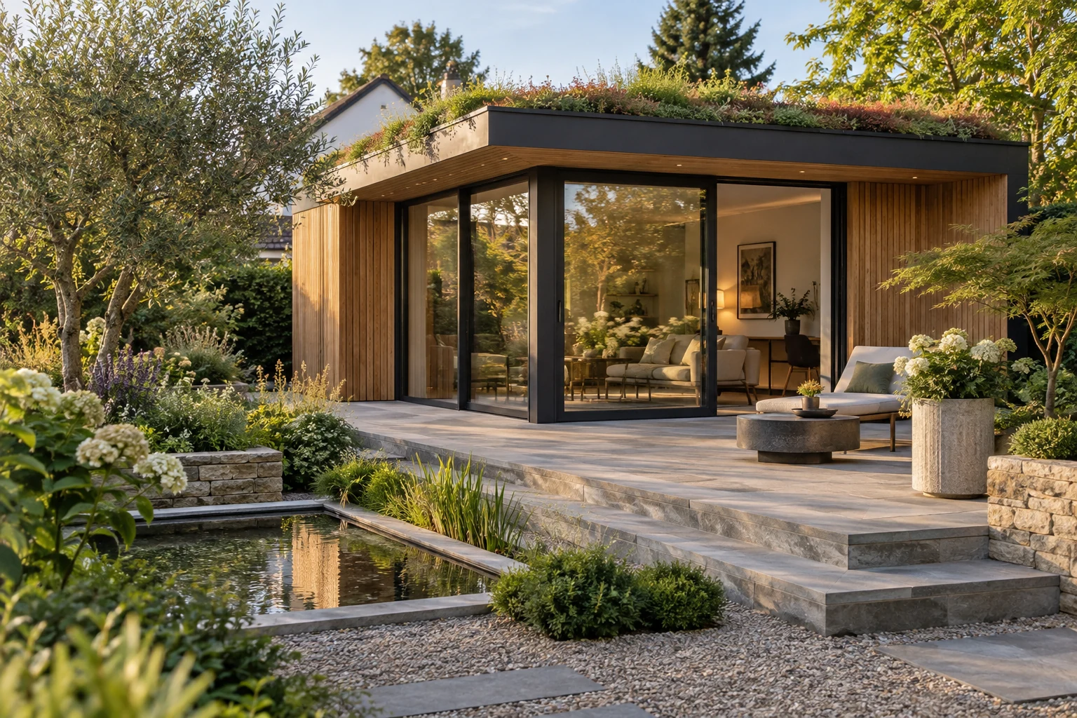 Modernes Gartenhaus mit Holzfassade und großen Glasflächen in üppiger Bepflanzung – KI-generierte Gestaltungsidee