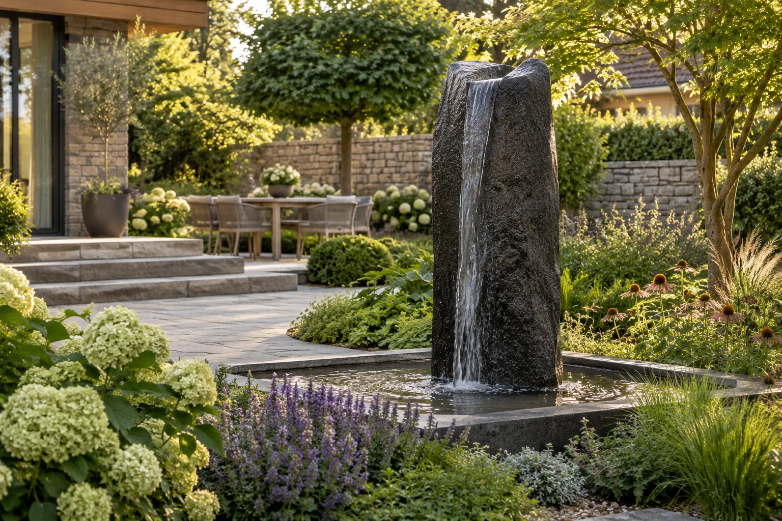 Skulpturaler Natursteinbrunnen mit Wasserbecken in einer üppigen Gartenbepflanzung – KI-generierte Gestaltungsidee