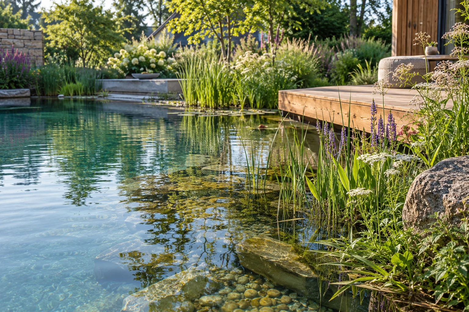 Klares Naturpoolwasser an einer bepflanzten Uferzone mit Holzdeck – KI-generierte Gestaltungsidee