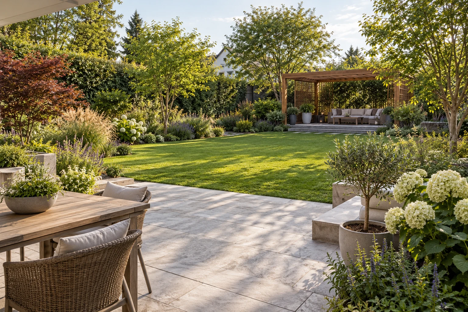 Gepflegter Garten mit Natursteinterrasse, Rasen und bepflanzter Pergola – KI-generierte Gestaltungsidee