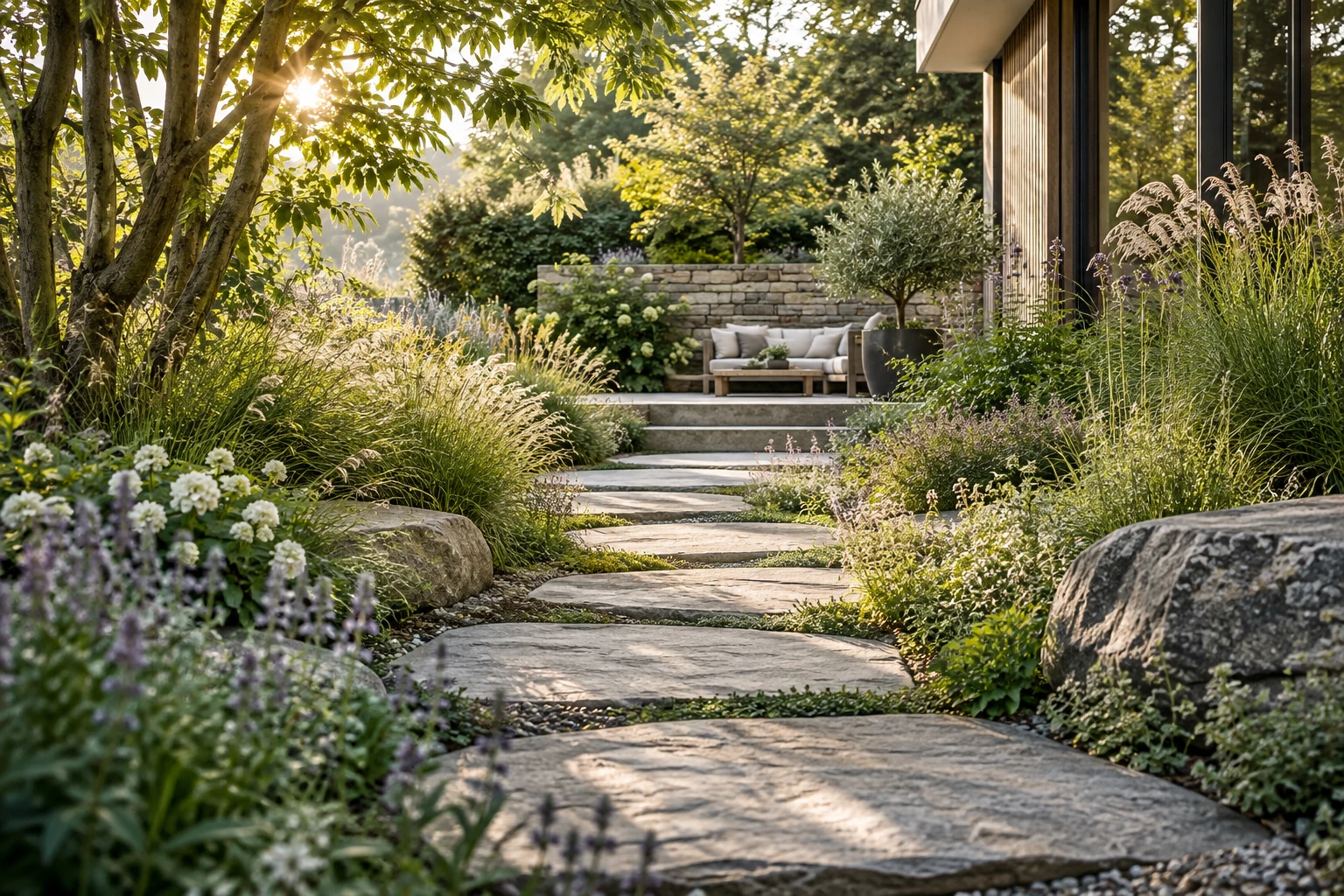 Große Natursteinplatten als Gartenweg zwischen üppigen Stauden und Gräsern – KI-generierte Gestaltungsidee