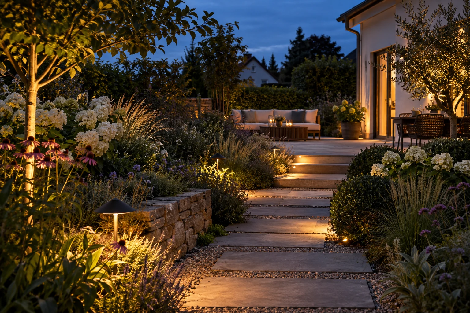 Warm beleuchteter Gartenweg zwischen Stauden und einer einladenden Terrasse – KI-generierte Gestaltungsidee