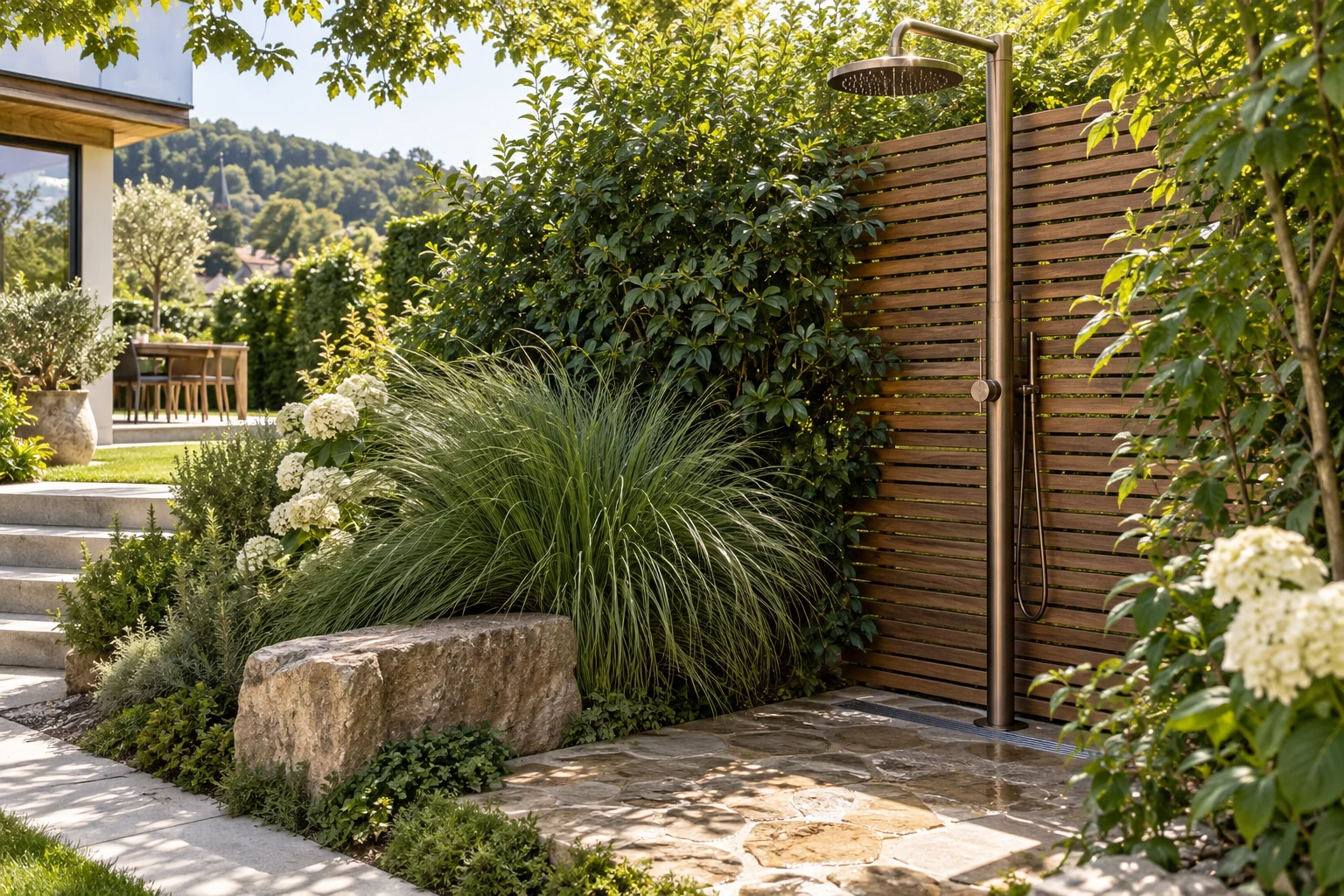 Freistehende Gartendusche mit Natursteinboden und Sichtschutz durch Pflanzen – KI-generierte Gestaltungsidee